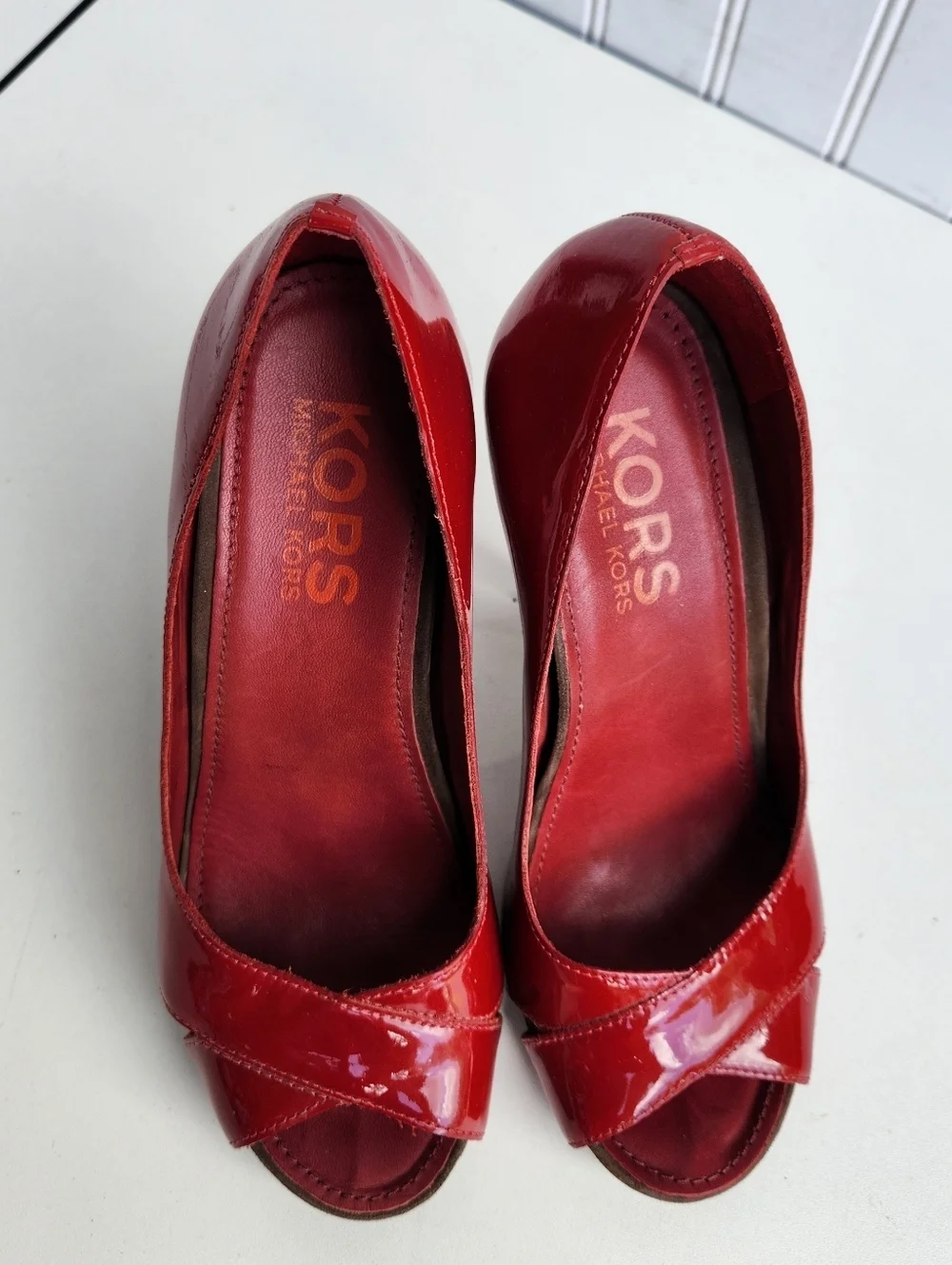 MICHAEL Michael Kors heels , RED Patent, Peep Toe High Heels size 7 M